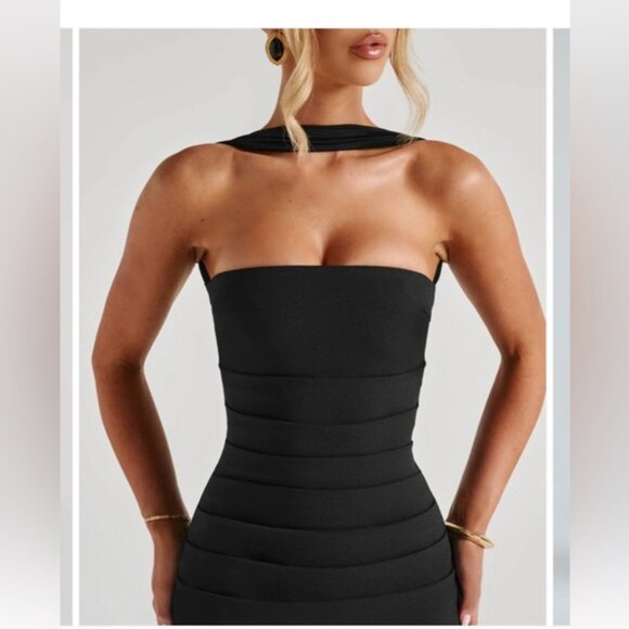 Athene Black Vesper maxi dress/black wedding guest dress with neck scarf - Picture 2 of 5